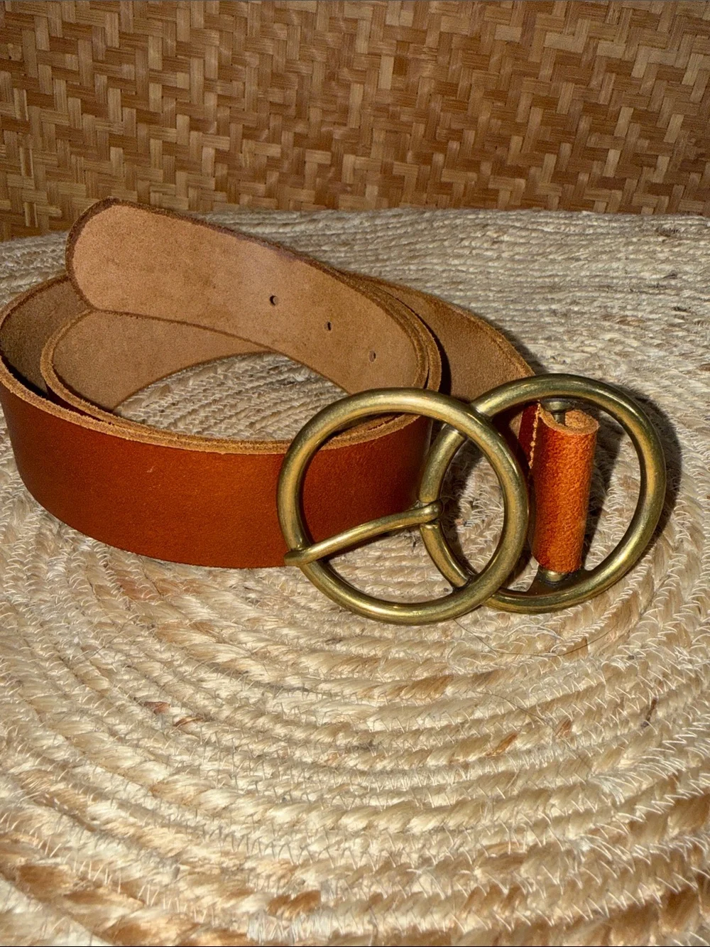 Genuine Leather Double Ring Belt Cognac Brown Brass Buckle Size L